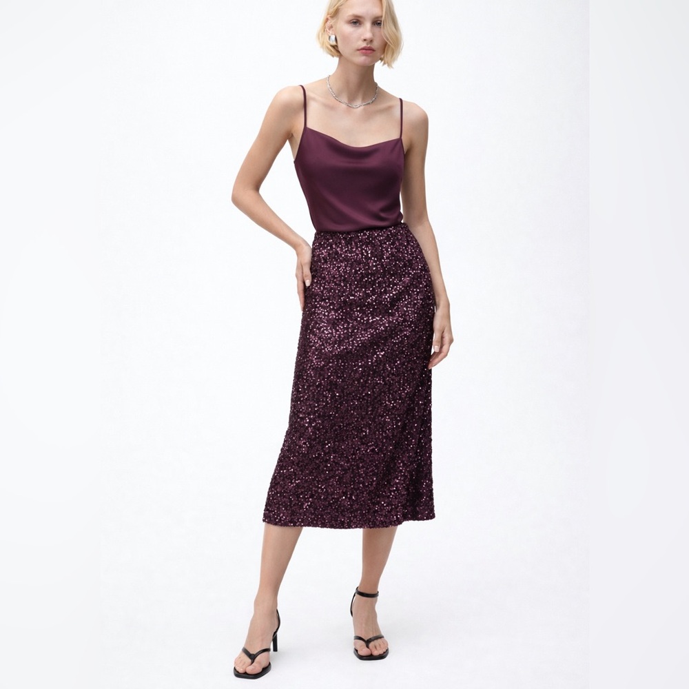 Mango Elegant Sequin Midi Skirt and Top Set, Maroon